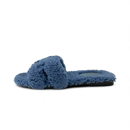 Hermes Oran Sandals Shoes Shearling Blue Flat Mule Boa