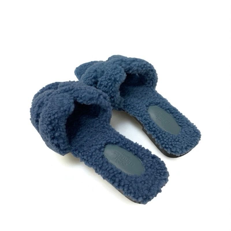 Hermes Oran Sandals Shoes Shearling Blue Flat Mule Boa