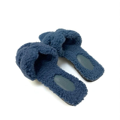 Hermes Oran Sandals Shoes Shearling Blue Flat Mule Boa
