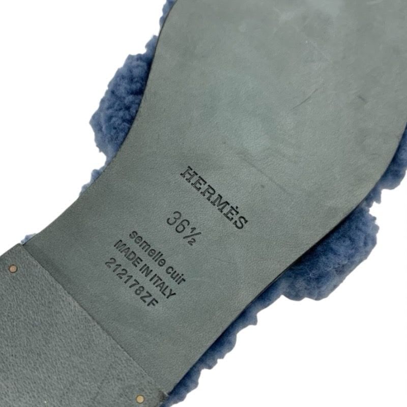 Hermes Oran Sandals Shoes Shearling Blue Flat Mule Boa