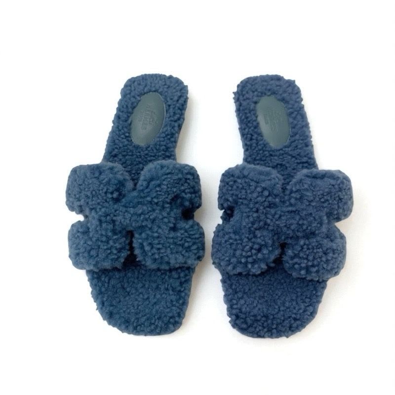 Hermes Oran Sandals Shoes Shearling Blue Flat Mule Boa