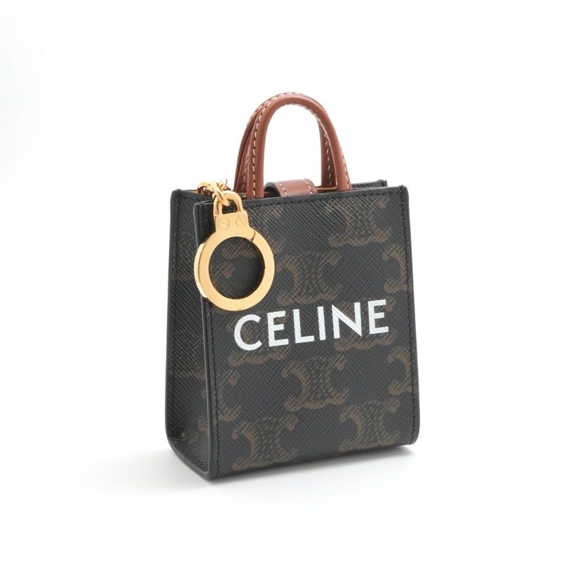 Celine Charm Brown Gold Triomphe Canvas Logo Micro Vertical Cabas