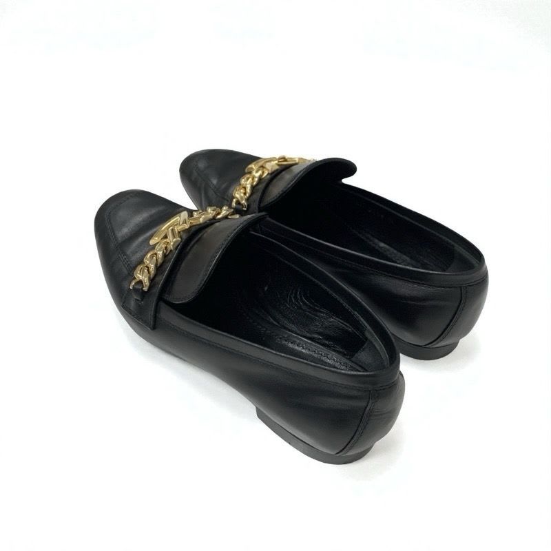 Louis Vuitton Upper Case Line Loafers Leather Shoes Black Gold Chain