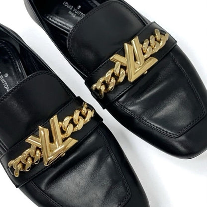 Louis Vuitton Upper Case Line Loafers Leather Shoes Black Gold Chain