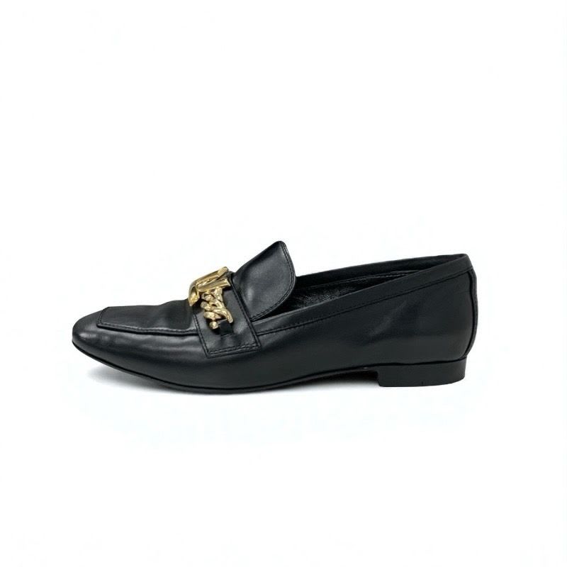 Louis Vuitton Upper Case Line Loafers Leather Shoes Black Gold Chain