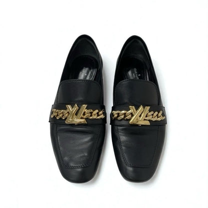 Louis Vuitton Upper Case Line Loafers Leather Shoes Black Gold Chain