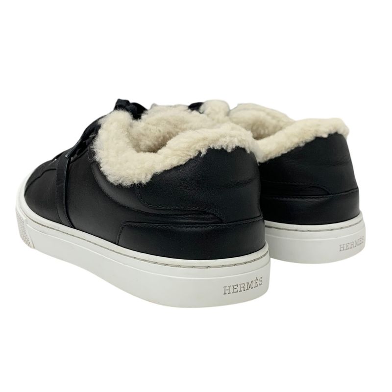 Hermes Day Sneakers Shoes Leather Shearling Black Silver Kelly Hardware Boa