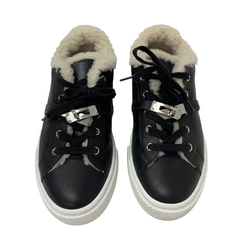 Hermes Day Sneakers Shoes Leather Shearling Black Silver Kelly Hardware Boa