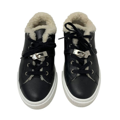 Hermes Day Sneakers Shoes Leather Shearling Black Silver Kelly Hardware Boa