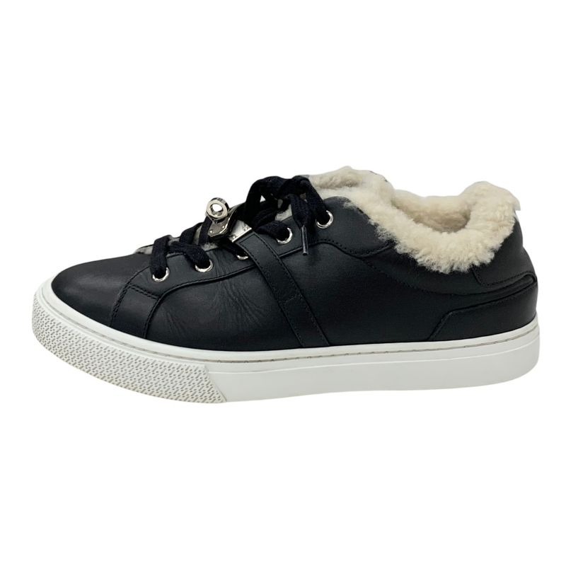 Hermes Day Sneakers Shoes Leather Shearling Black Silver Kelly Hardware Boa