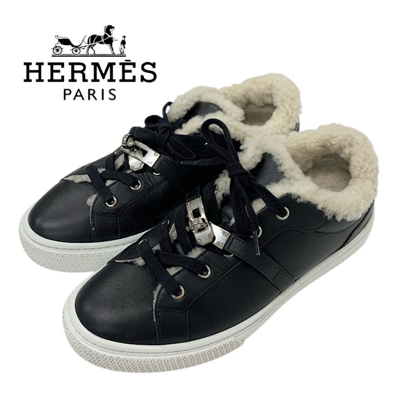 Hermes Day Sneakers Shoes Leather Shearling Black Silver Kelly Hardware Boa