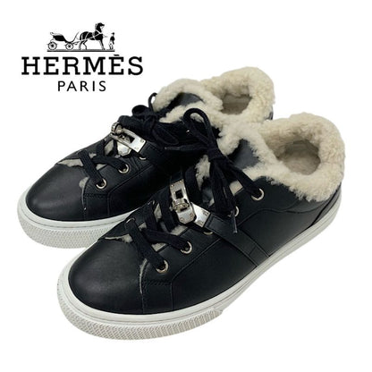 Hermes Day Sneakers Shoes Leather Shearling Black Silver Kelly Hardware Boa