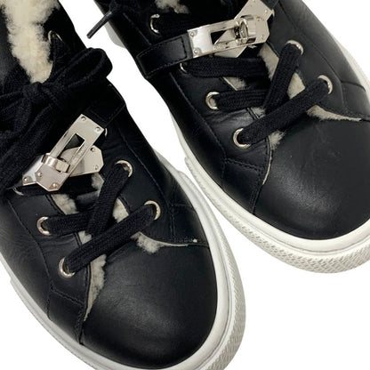 Hermes Day Sneakers Shoes Leather Shearling Black Silver Kelly Hardware Boa