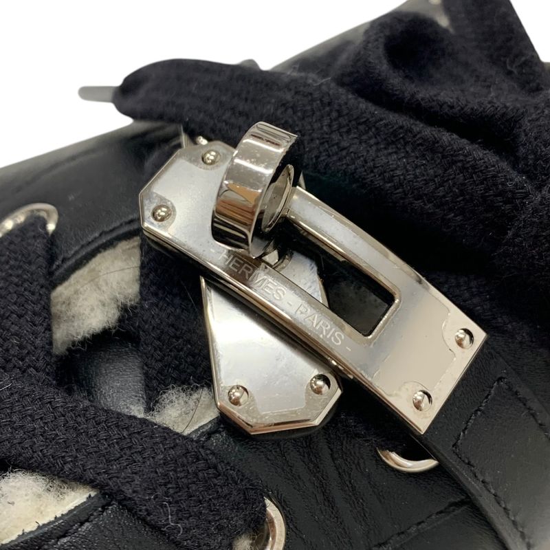 Hermes Day Sneakers Shoes Leather Shearling Black Silver Kelly Hardware Boa