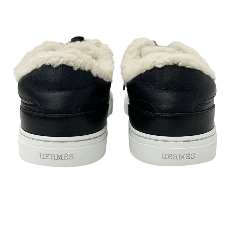 Hermes Day Sneakers Shoes Leather Shearling Black Silver Kelly Hardware Boa