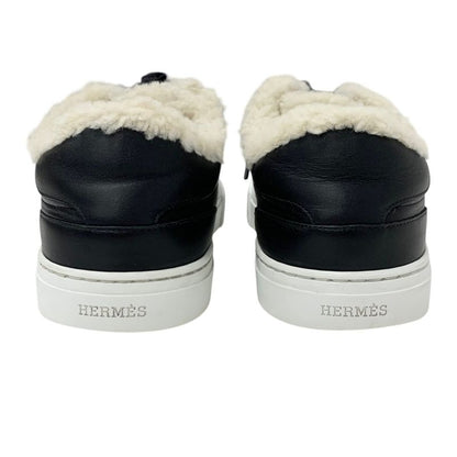 Hermes Day Sneakers Shoes Leather Shearling Black Silver Kelly Hardware Boa