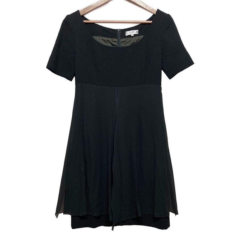 Good Celine Vintage Short Sleeve Silk Chiffon Docking Mini Dress 38 Black Women