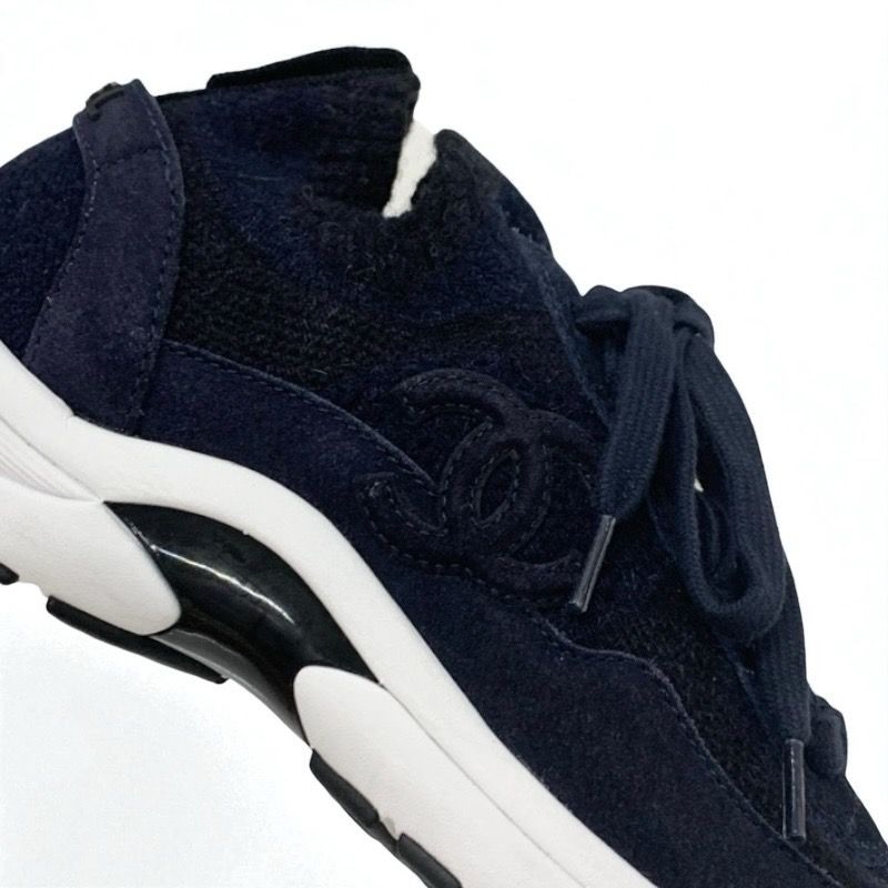Chanel Sneakers Shoes Knit Suede Navy Here Mark Logo