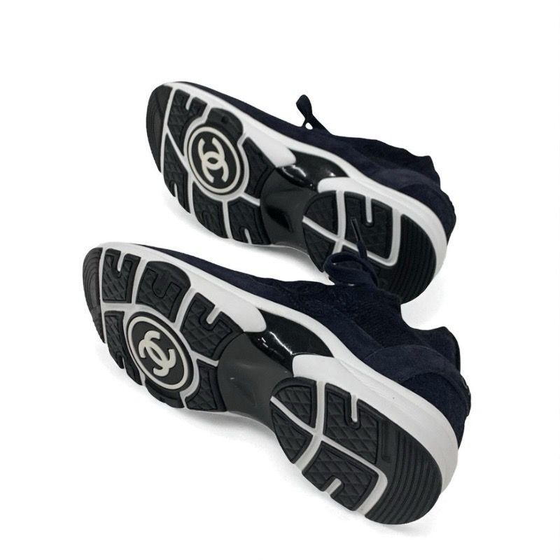 Chanel Sneakers Shoes Knit Suede Navy Here Mark Logo