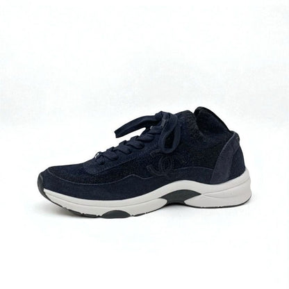 Chanel Sneakers Shoes Knit Suede Navy Here Mark Logo
