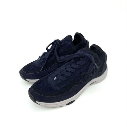 Chanel Sneakers Shoes Knit Suede Navy Here Mark Logo