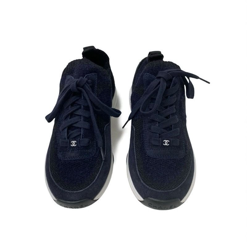 Chanel Sneakers Shoes Knit Suede Navy Here Mark Logo