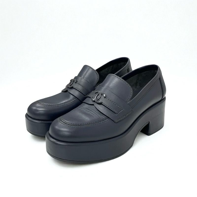 Chanel Loafer Leather Shoes Leather Gray Here Mark Thick Sole