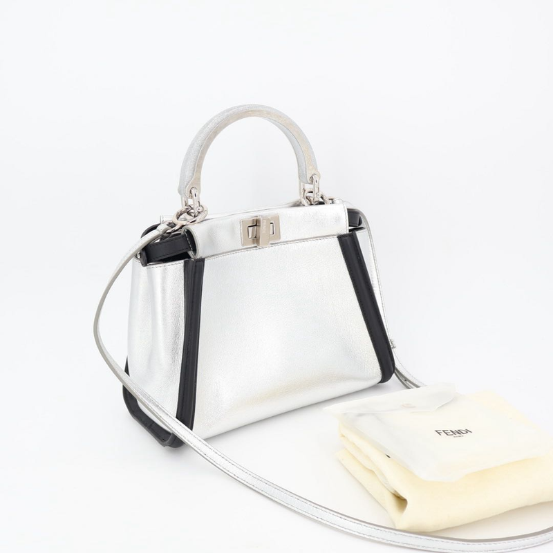 Fendi Peekaboo Iconic Handbag Leather Silver Black 2WAY