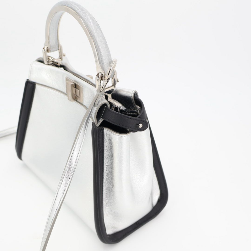 Fendi Peekaboo Iconic Handbag Leather Silver Black 2WAY