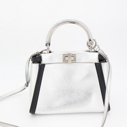 Fendi Peekaboo Iconic Handbag Leather Silver Black 2WAY