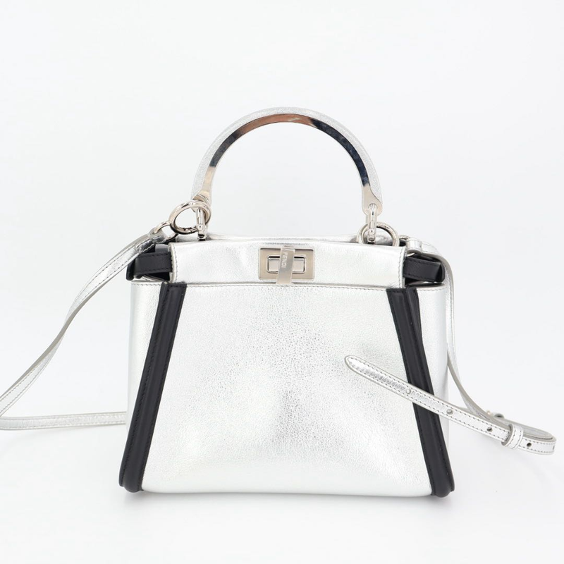Fendi Peekaboo Iconic Handbag Leather Silver Black 2WAY