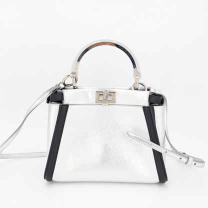 Fendi Peekaboo Iconic Handbag Leather Silver Black 2WAY