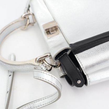 Fendi Peekaboo Iconic Handbag Leather Silver Black 2WAY