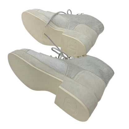 Chanel Boots Short Boots Shoes Haraco Suede Shearling Beige Gray Here Mark Lace