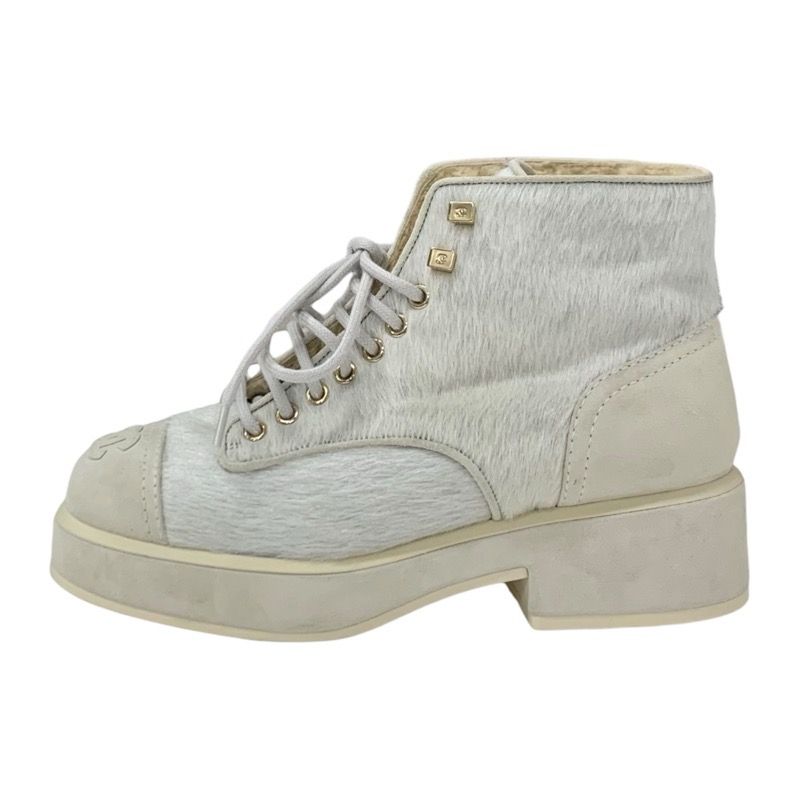 Chanel Boots Short Boots Shoes Haraco Suede Shearling Beige Gray Here Mark Lace