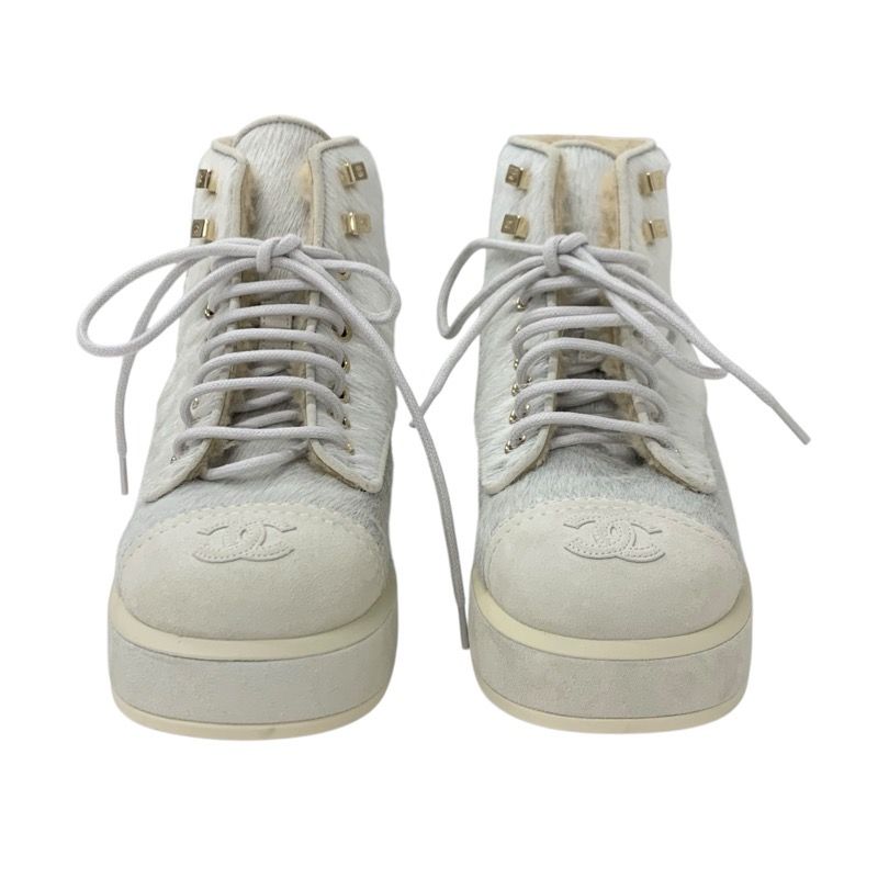 Chanel Boots Short Boots Shoes Haraco Suede Shearling Beige Gray Here Mark Lace