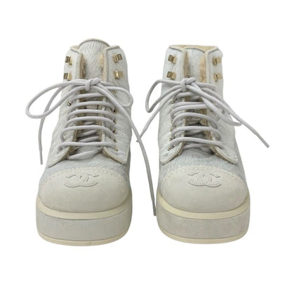 Chanel Boots Short Boots Shoes Haraco Suede Shearling Beige Gray Here Mark Lace