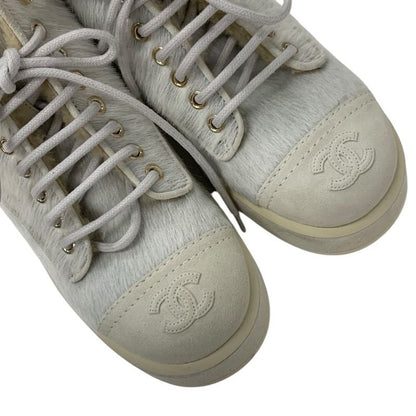 Chanel Boots Short Boots Shoes Haraco Suede Shearling Beige Gray Here Mark Lace