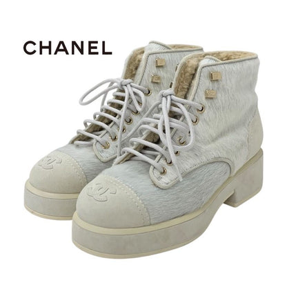 Chanel Boots Short Boots Shoes Haraco Suede Shearling Beige Gray Here Mark Lace