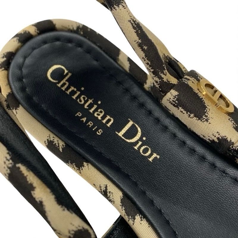 Christian Dior Mizza Flat Shoes Fabric Beige Black Leopard Logo Strap