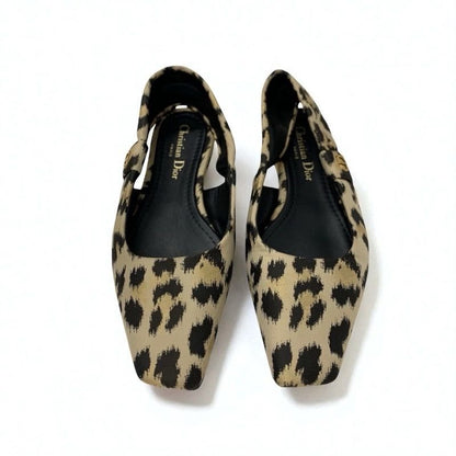 Christian Dior Mizza Flat Shoes Fabric Beige Black Leopard Logo Strap