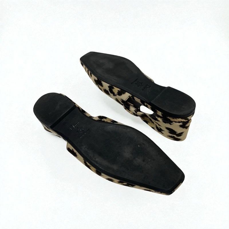 Christian Dior Mizza Flat Shoes Fabric Beige Black Leopard Logo Strap