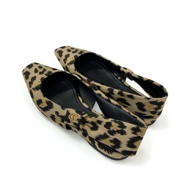 Christian Dior Mizza Flat Shoes Fabric Beige Black Leopard Logo Strap