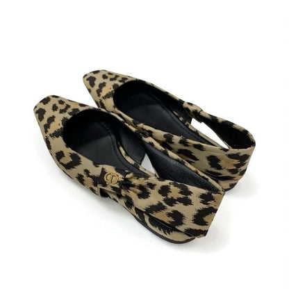Christian Dior Mizza Flat Shoes Fabric Beige Black Leopard Logo Strap