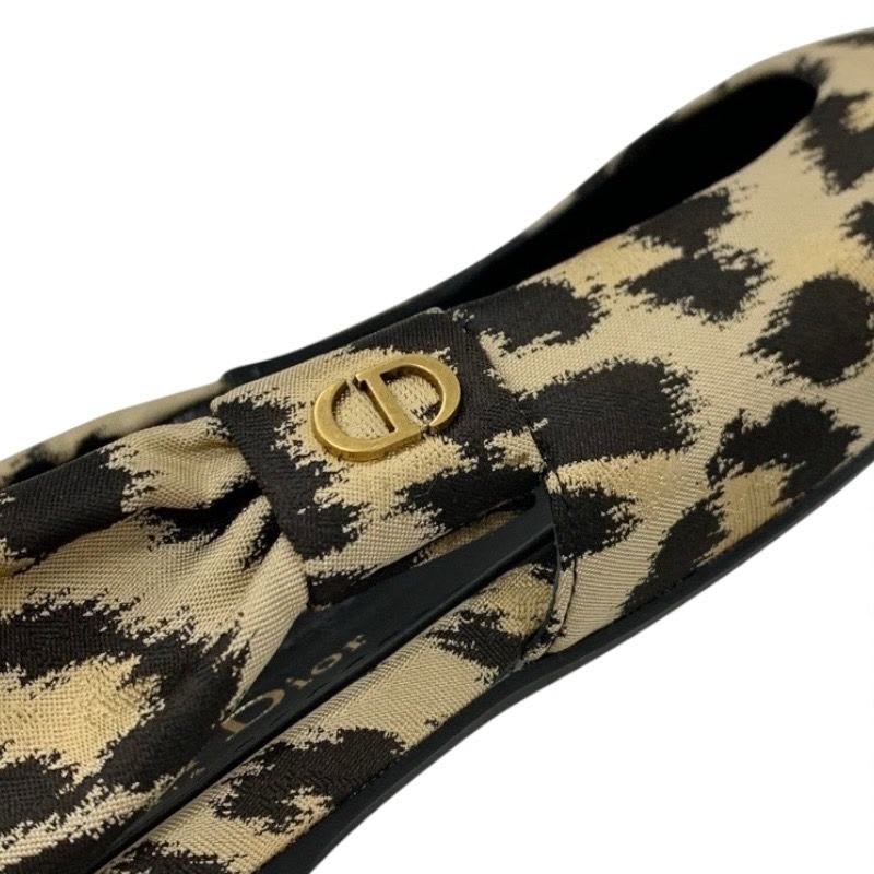 Christian Dior Mizza Flat Shoes Fabric Beige Black Leopard Logo Strap
