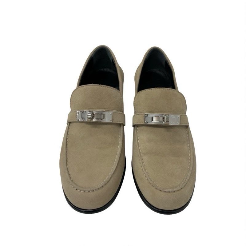 Hermes D'esting Loafers Leather Shoes Suede Beige Silver Moccasins Kelly