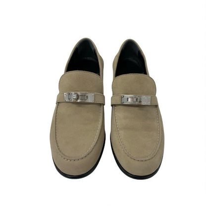 Hermes D'esting Loafers Leather Shoes Suede Beige Silver Moccasins Kelly