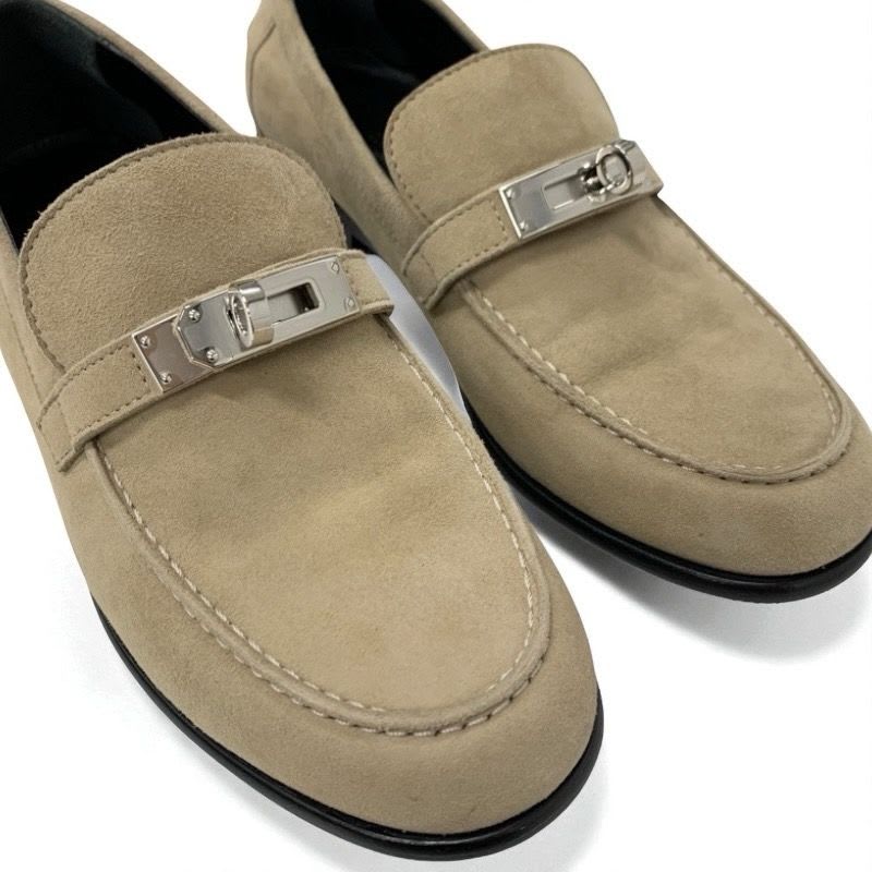Hermes D'esting Loafers Leather Shoes Suede Beige Silver Moccasins Kelly