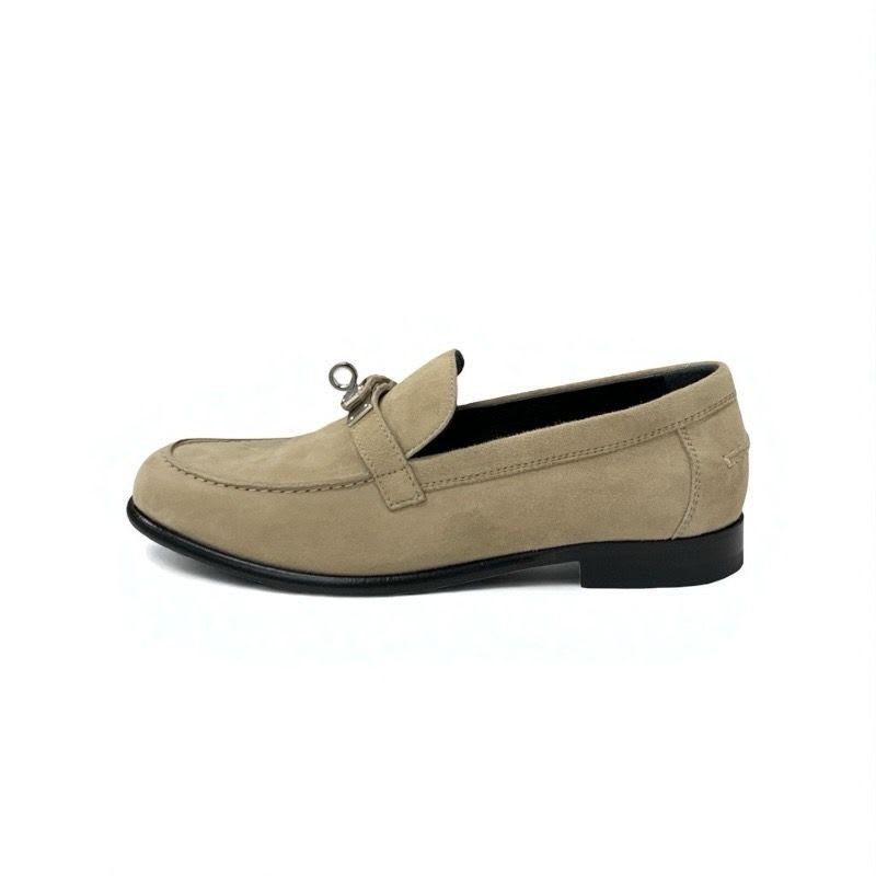 Hermes D'esting Loafers Leather Shoes Suede Beige Silver Moccasins Kelly