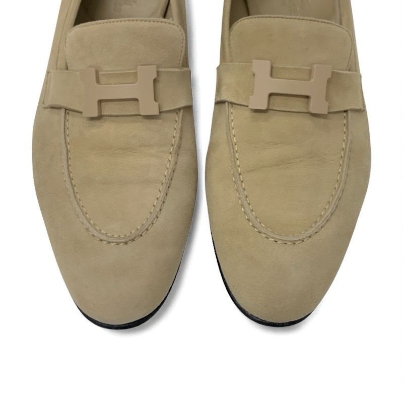Hermes Paris Loafers Leather Shoes Suede Beige Hhardware Moccasins